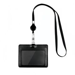 【人気商品】PU革 横型 idカードケース 両面用 カードホルダー 社員証 首掛け 名札ホルダー 通勤 通学 ネームホルダー 男女兼用 Petchain名刺入れー (横型 + Eon ブラック)