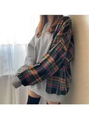 長袖プルオーバー グレー/チェックレディース 長袖 クルーネック 秋冬 ゆったり