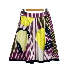 未使用品 エムズグレイシー M'S GRACY フレアスカート ひざ丈 ストライプ コットン TD-727328 38 紫 パープル 黄 イエロー 白 ホワイト 紺 ネイビー 茶 ブラウン