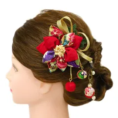 髪飾り 成人式 つまみ細工 赤 振袖 前撮り 袴 花 2点セット ちりめん 組紐 玉飾り 玉簪 一本差し パール チェーン 和柄 下がり No.9-4925