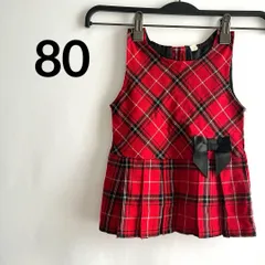 80 ワンピース　ドレス　赤　レッド　チェック　シンプル　りぼん　発表会