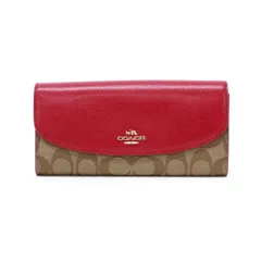 コーチ COACH スリム エンヴェロープ ウォレット PVC レザー シグネチャー F52858 長財布 かぶせ蓋 ロングウォレット レディース ベージュ / レッド 中古 mbc01008