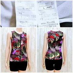 ME1-678☆新品同様 asics/アシックス 幻想的リーフ柄 Lサイズ XD234K フロントチャック レディース 練習用水着 フィットネスジムプール セパレート★