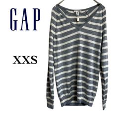 XXS【美品】 GAP （ ギャップ ）Vネックニットセーター 薄手 春夏秋冬オールシーズン ボーダー柄 グレー×ホワイト 伸縮性 細身カジュアル シンプル 重ね着OK  肌触 部屋着 リラックス デート 今日は特別なワタシ🎵 T254_a219