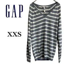 XXS【美品】 GAP （ ギャップ ）Vネックニットセーター 薄手 春夏秋冬オールシーズン ボーダー柄 グレー×ホワイト 伸縮性 細身カジュアル シンプル 重ね着OK  肌触 部屋着 リラックス デート 今日は特別なワタシ🎵 T254_a219