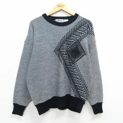 L/古着 長袖 セーター メンズ 00s レザー使用 アクリル クルーネック 黒他 ブラック 25feb17 中古 ニット トップス