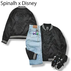 『ミッキーマウス ミニーマウス 刺繍』 Spinalh スピナッチ 両面 刺繍 長袖 スカジャン サテン スーベニアジャケット ブルゾン L ブラック x ホワイト メンズ