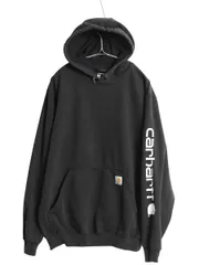 【お得なクーポン配布中!】 カーハート 袖 プリント スウェット フード パーカー メンズ M 古着 トレーナー 裏起毛 プルオーバー ミドルウェイト ブラック モノトーン