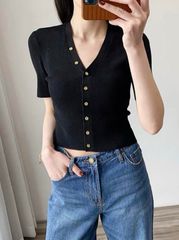 2025 Button-Up Short Sleeve Ribbed Top - Black - Simple