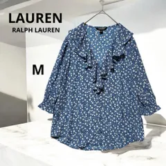LAUREN RALPH LAUREN ローレンラルフローレン  五分袖 ブラウス フリル  花柄 総柄 Mサイズ 可愛い ブルー 青