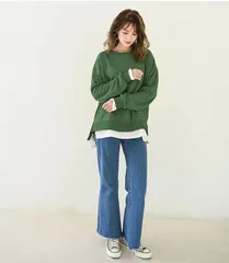 送料無料 フェイクレイヤード トレーナー 無地 レディース スウェット 春 秋 異素材 切り替え tシャツ 長袖 レディース サイドスリット 長袖 トップス プルオー zzr0329100151f2
