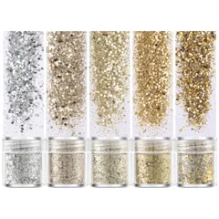 ネイルパーツ ネイルアート ラメグリッター キラキラ ラメパウダー 容器入り 顔/ボディ/ヘア飾り クリスマス/パーティー グリッター 5個セット (ゴールド Kingsie 5個セット)