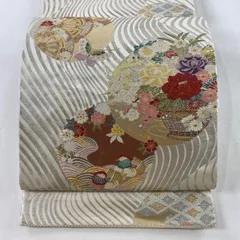 袋帯 美品 秀品 四季姿 鴛鴦 草花 箔 唐織 クリーム 全通 正絹 【中古】