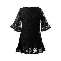 [LSMUDKINGDOM] 総レース ワンピース キッズ 黒 ブラックワンピース 法事 冠婚葬祭 フォーマル ドレス 子供 女の子