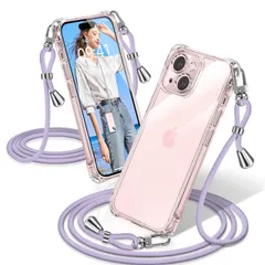 iPhone 15 ケース クリア ショルダー 耐衝撃 iPhone15 スマホケース 透明 織りストラップ付き 肩がけ 首掛け 紐付き アイフォン15 カバー 縄掛け シングルショルダーロープ 斜めがけ 調節可能なショルダー クロスボディ 多目的キャリー フ