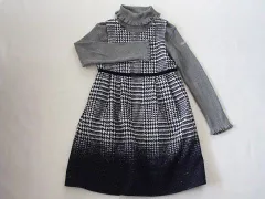ベベ bebe アウトレット 子供服 女の子 140cm 長袖 ニット グレー タートルネック ジャンパースカート 千鳥 チェック 紺 2点 秋 冬 ★4 セットアップ 冬服 ガールズ 女児 キッズ ジュニア 【中古】 ユーズド