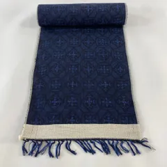 反物 秀品 紬 花 幾何学 青 正絹 【中古】
