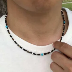 黒 メンズ ビーズネックレス ターコイズ 40cm