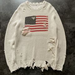 【Remake】米国 アメリカ国旗 星条旗 ダメージ加工 ボロ加工 コットンニット ボロニット ROCK系 PUNK系 Y2K