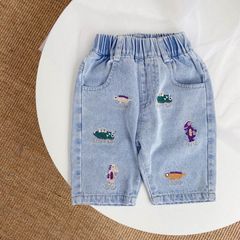 デニム　ジーンズ　男の子　恐竜　ポケット付　ウエストゴム
