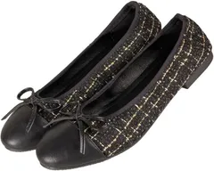 Ｄ．Ｓｔｏｍｏ ダイアナサイズ対応 バレエシューズ パンプス レディース フラットシューズ ツイード ラメ リボン ラウンドトゥ(ブラック,  25.0 cm)