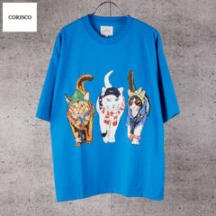 新品 CORISCO コリスコ ネコ ねこ 猫 プリント Tシャツ 半袖 メンズ レディース ユニセックス かわいい アニマル プリント カットソー 子猫 cat 3匹 バックプリント Tシャツ tee M L LL ブルー 青  181927