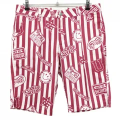 【超美品】クアルトユナイテッド ハーフパンツ 白×ピンク ストライプ 総柄 スマイル  メンズ L ゴルフウェア CUARTO UNITEDのサムネイル