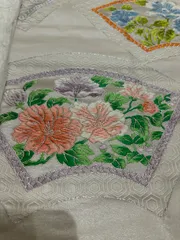 袋帯　扇型刺繍入り、おめでたい席に合う柄、更に豪華な銀糸刺繍の一枚