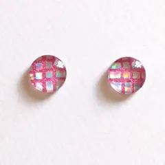 No.687　レジン　丸型　ぷっくり　格子模様　ピンク　オーロラ　ピアス　イヤリング　ハンドメイド
