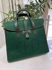 HERMES エルメス フードゥ フェルト×レザー ダークグリーン ゴールド金具 F刻印□ヴィンテージ 中古 トートバッグ ハンドバッグ ボストンバッグ レディース 女性用 メンズ ブランド 本革 レザー カーフ 緑 希少 レア プレゼント ギフトバック