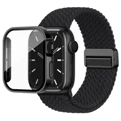 【新着商品】Knossen コンパチブル Apple Watch バンド ナイロン 編み込み 伸縮性 アップルウォッチ バンド マグネット 磁気 直角エッジ保護ケース付き Apple Watch ベルトとカバー 一体型 セット 耐衝撃 全面保護 装着簡単 スポ