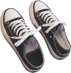 お洒落なファッションと雑貨fuwashop 2way スニーカー 厚底 3cm かかとなし 着脱しやすい 脚長 韓国風 身長アップ かかとが踏める(ブラック,  24.5 cm)