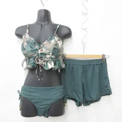 水着 セパレート ビキニ ショートパンツ 3点セット フリル 花柄 蝶柄 無地 グリーン ベージュ ブラウン ブラック M