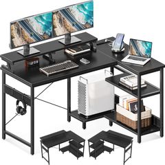 ODK l字デスク パソコンデスク L字型 ゲーミングデスク デスク 机 幅120cm pcデスク コンセント付き desk ラック付き 収納 オフィスデスク 省スペース 在宅勤務 組立簡単 書斎 ブラック