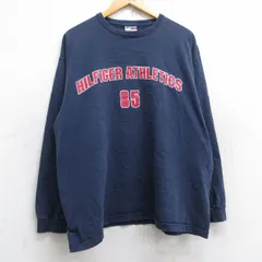 XL/古着 トミーヒルフィガー 長袖 ブランド Tシャツ メンズ 90s ビッグロゴ コットン クルーネック 紺 ネイビー 25aug29 中古