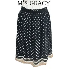 M'S GRACY  エムズグレーシー エムズグレイシー  レディース スカートひざ丈 接触冷感 レトロフラワープリント 花柄  膝丈  スカート 黒 M
