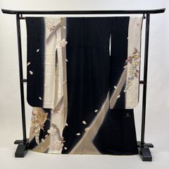 中振袖 振袖 正絹 中古品 黒 黒色 HZYA010