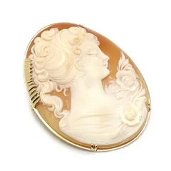 18金 天然シェルカメオブローチ 長さ74㎜重さ29g 作家サイン入