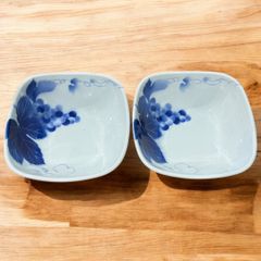 2客セット 定価６０００円 深川製磁 ブルーワイナリー 角鉢 染付 葡萄柄 美品 ペア デザート皿