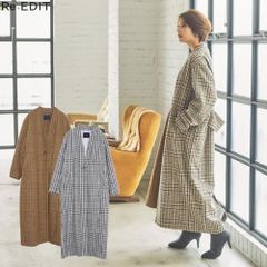 Re:EDIT  ウール混ノーカラーチェック柄ロングコート