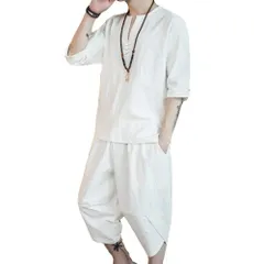 【新着商品】[foveitaa] 夏服 メンズ 部屋着 和風 服 Tシャツ 七分袖 麻 シャツ 半袖 上下セット トップス ハーフパンツ ショート パンツ 上下 Vネック 和式パーカー セット アップ 無地 柄