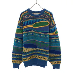 オールド 90s 日本製 3D 総柄 長袖 ニット ブルー系 OLD セーター メンズ