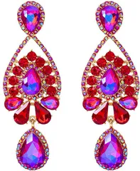 Juicy Dream コンテスト ピアス ビジュー ロングピアス ピンク オーロラ 大ぶり ドレス ウエディング 結婚式 パーティー ダンス アクセサリー 9cm( ピンクオーロラ、赤、ゴールド)