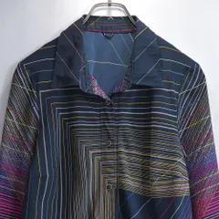 90～00s Used マルチカラー アートフル ストライプ デザイン ポリエステルシャツ ジャパンヴィンテージ  ネイビー 幾何学模様 ビンテージ 古着 レディースM相当