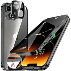 HGUTREY【覗き見防止・自動ポップアップボタン】 iPhone14 Plus 用 ケース 【ロック付き】【ストラップホール付き】一体型レンズ保護 両面9H強化ガラス iPhone14プラスケース 耐衝撃 アルミ バンパー メタルフレーム スマホケース  1