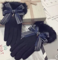 リボン&ファー付き手袋　ブラック