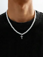 ジュエリー メンズ ネックレス 1個 パンクレトロ 真珠ビーズ チェーン ラインストーンデコ シルバークロスペンダントネックレス メンズデイリージュエリー