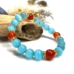 キャッツアイ(ライトブルー)×赤瑪瑙 パワーストーン ブレスレット  (ゴールド) メンズ・レディース　男性・女性　数珠ブレス 開運 [23]