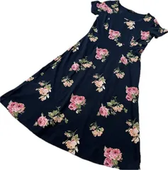 LAURA ASHLEY ローラアシュレイ 半袖ワンピース ロング丈 7 綿 コットン Aライン 花柄 薔薇柄 ブラック 黒 総柄 マルチカラー 涼しい 春夏