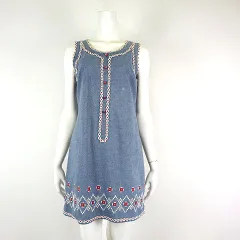 アナスイ ANNA SUI ワンピース チュニック シャンブレー 花柄 フラワー モチーフ 刺繍 プルオーバー ノースリ―ブ M 4 青 ブルー 白 赤 USA製 国内正規品のサムネイル